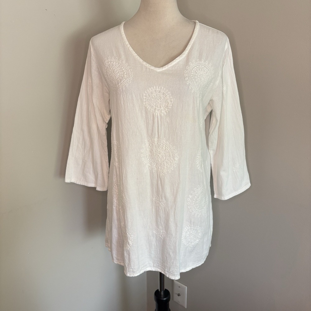 VTG Eucalyptus Embroidered Tunic Top White Cotton Hand Crafted Guatemala Small